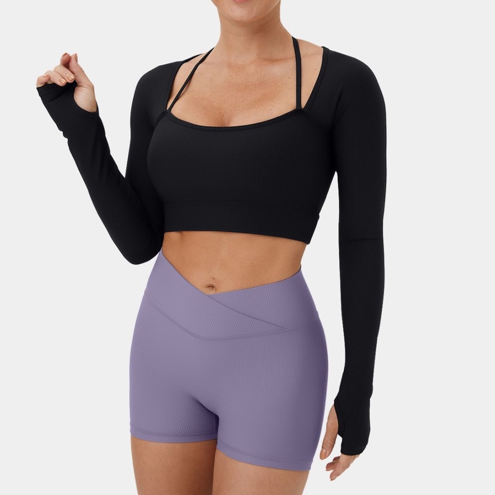 Ribbed Halter Strap Thumb Hole Cropped Yoga Sports Top